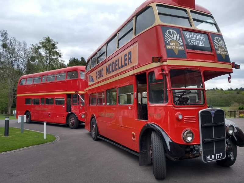 1966 Routemaster behind 1947 RT, former London Transport double deckers